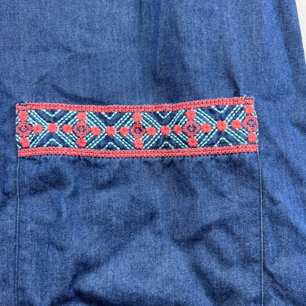 Go Softly Patio Tunic Dress Womens Large Blue Denim Cotton Pleated Split V Neck